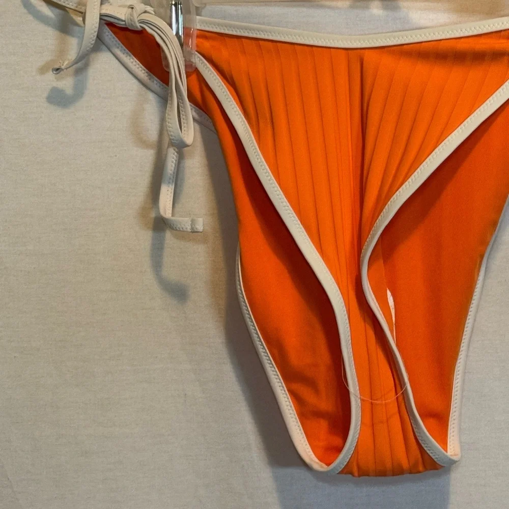 AA-272 Aerie NWT Cheekiest Side Tie Orange &‎ White Ribbed Swim Bikini Bottoms
